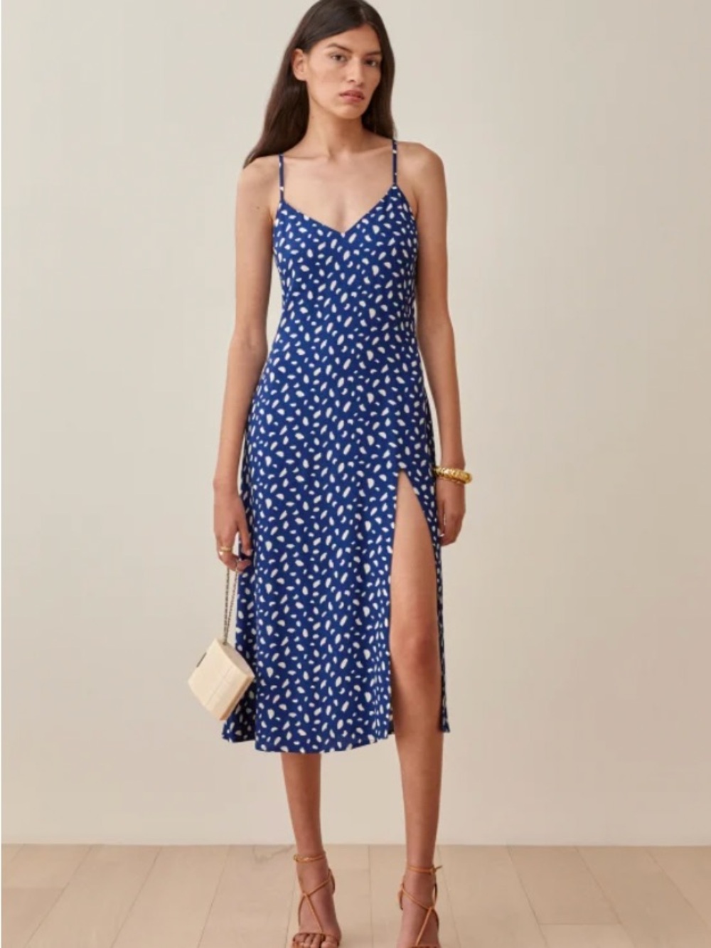Reformation Crimini Midi Spaghetti Strap V-Neck Dress in Blue Polka Dot Size 6